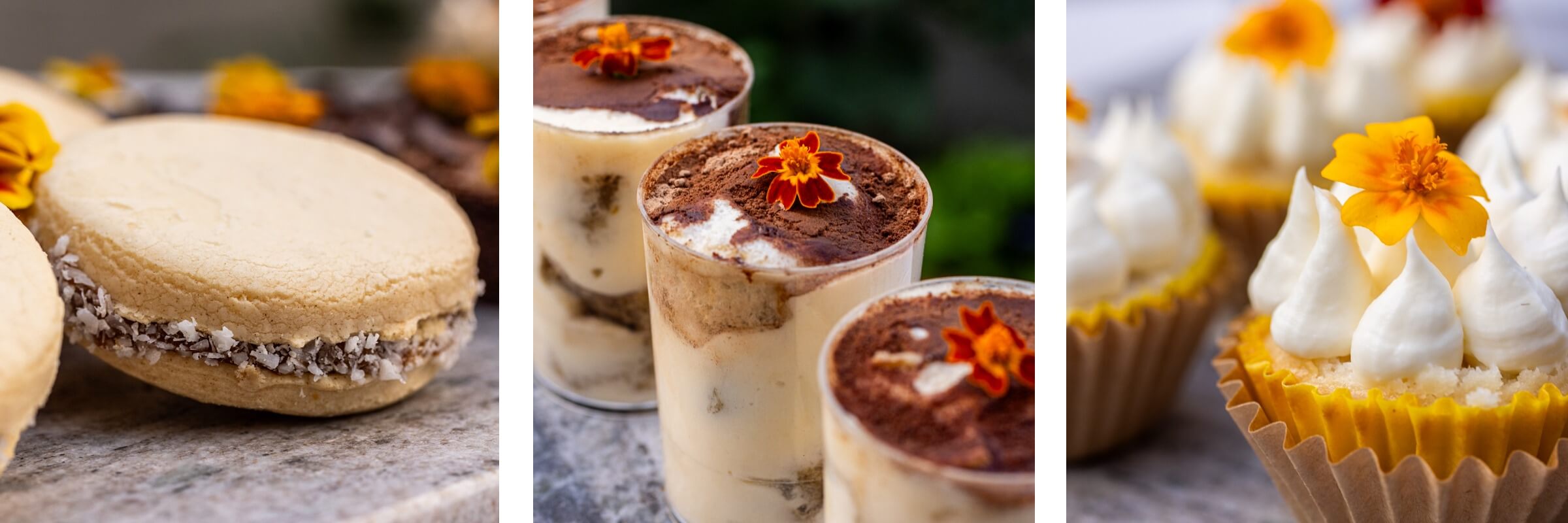 Alfajores, tiramisu cups, and mini lemon cupcakes with edible flowers.